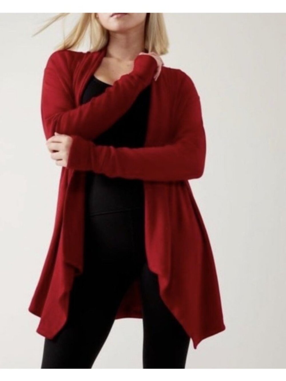 Athleta Pranayama Restore Wrap Women's Sz 1X Candy Red Open Front Knit Cardigan